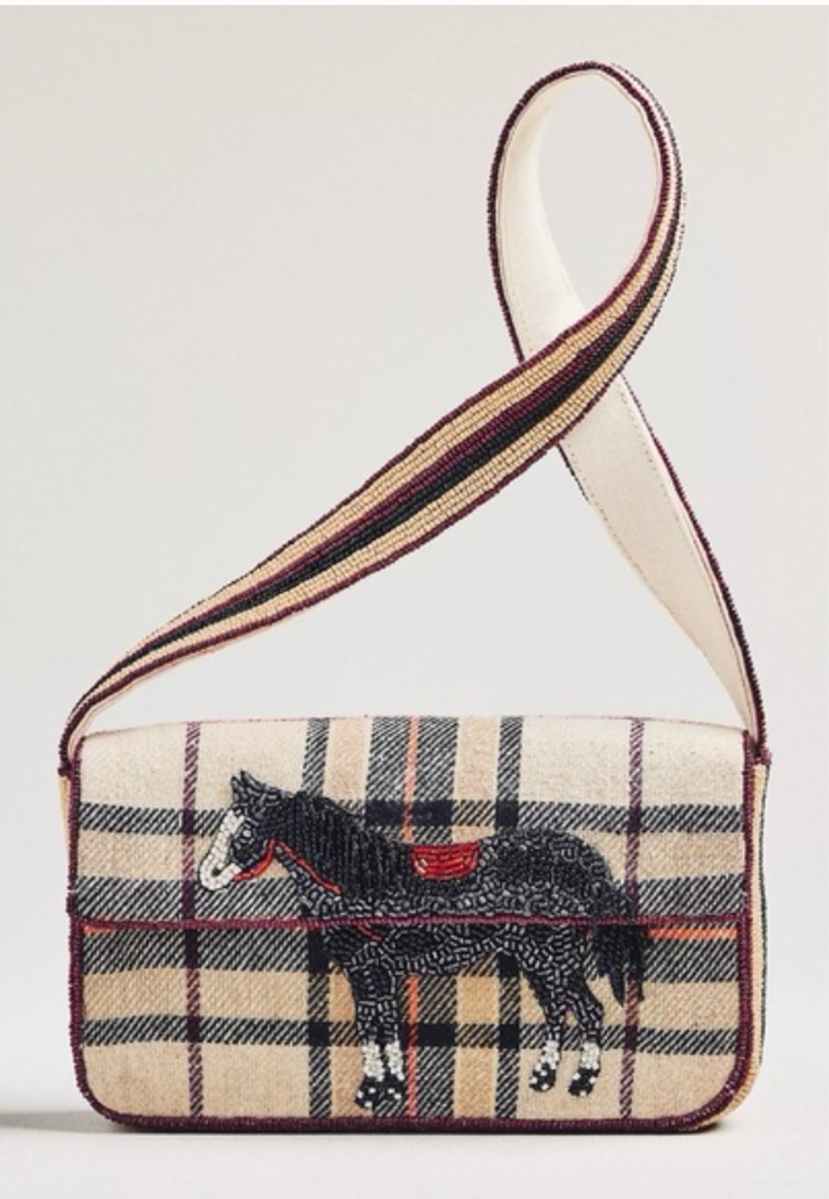 Anthropologie The Fiona Beaded Shoulder Bag Animal Edition Horse Plaid Cream
